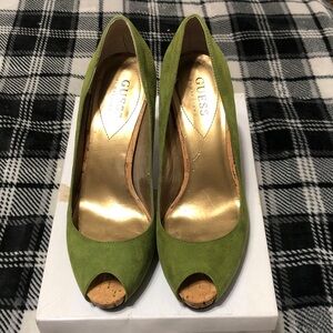 Guess by Marciano Lime Green Suede Peep-Toe Pumps